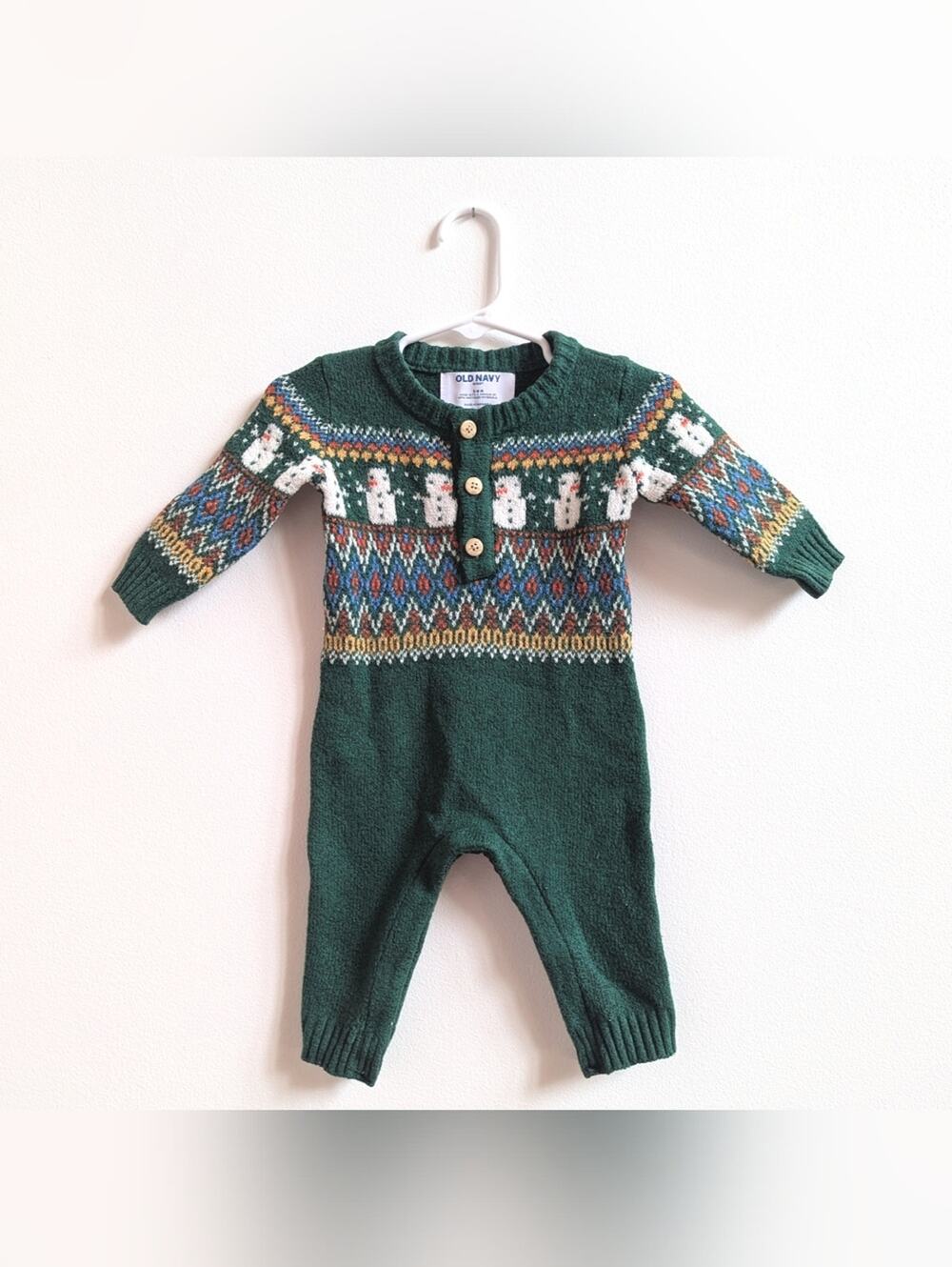 Old Navy Sweater Romper 3-6m Baby Boys Green Snowman Christmas Winter